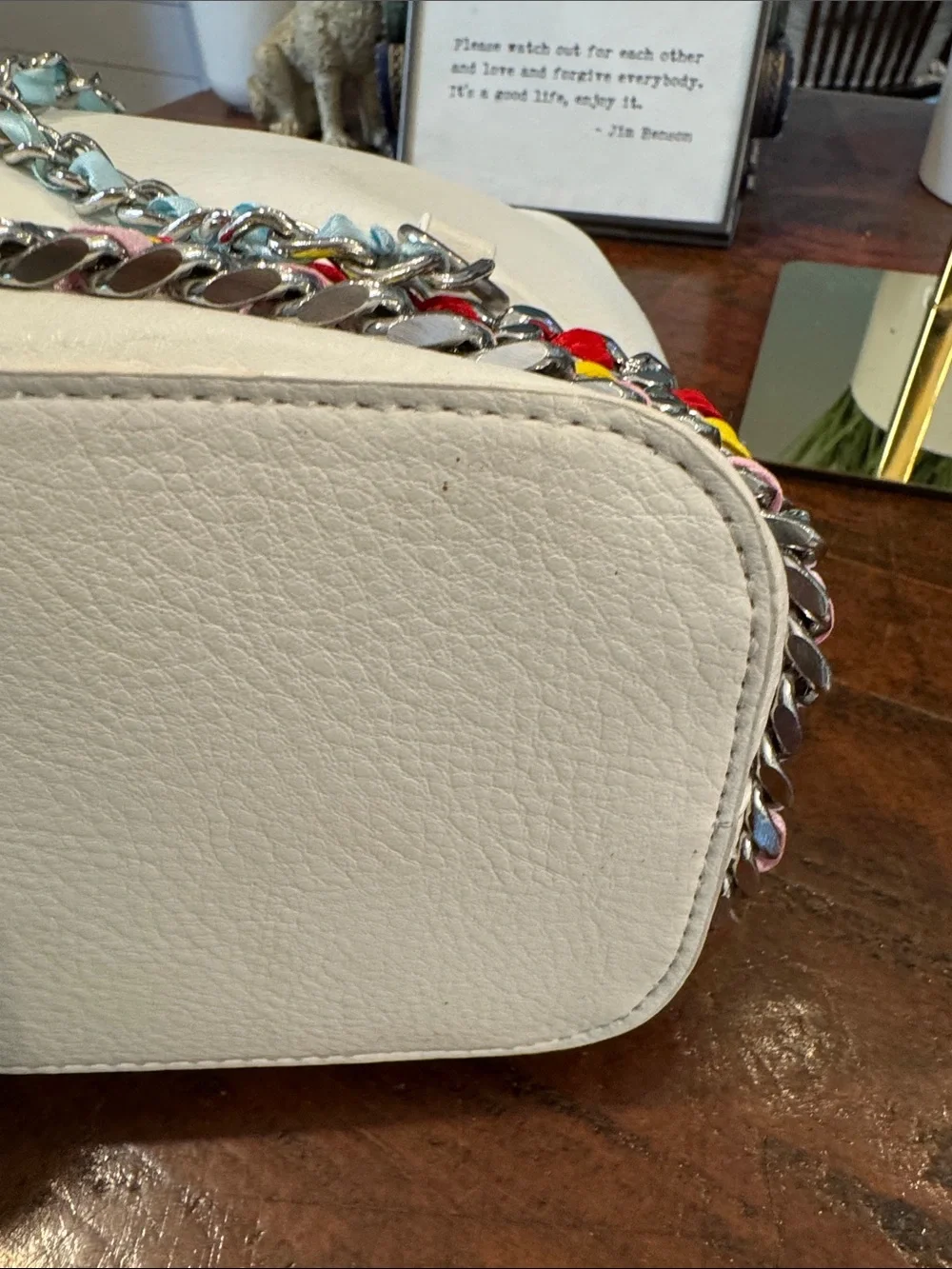Betsey Johnson White Bucket Bag with Multicolor Chain Trim